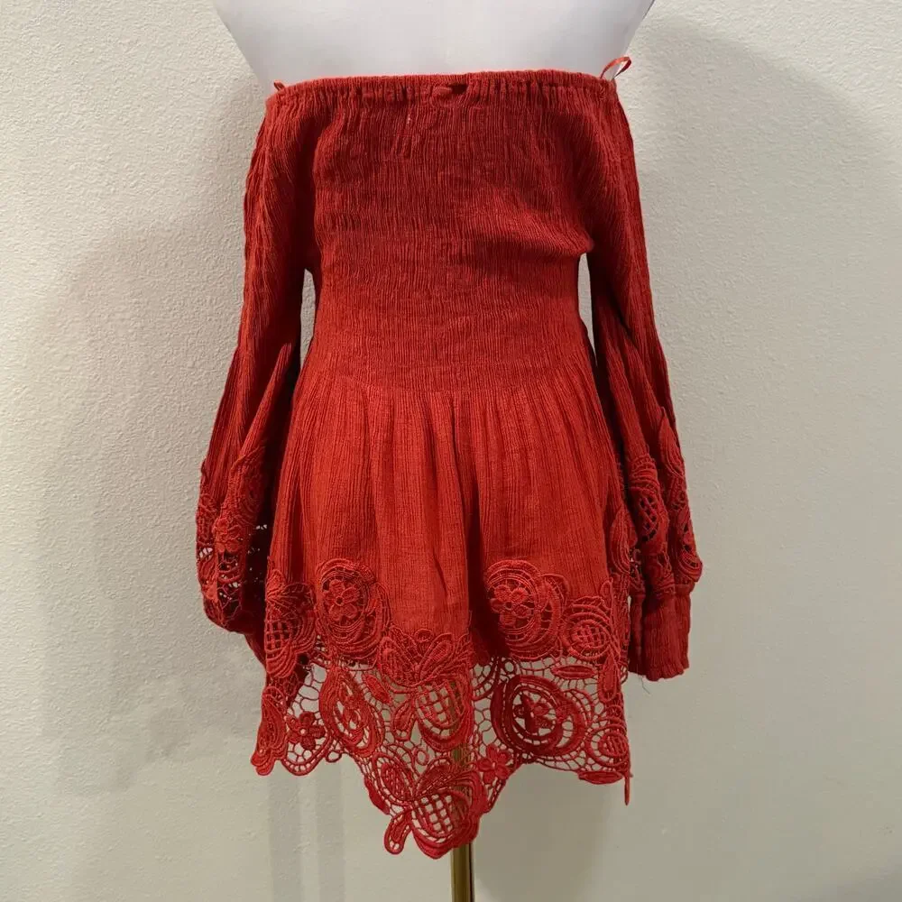 Off Shoulder Orange Smocked Long Sleeve Lace Crochet Shirt Large Peasant Boho